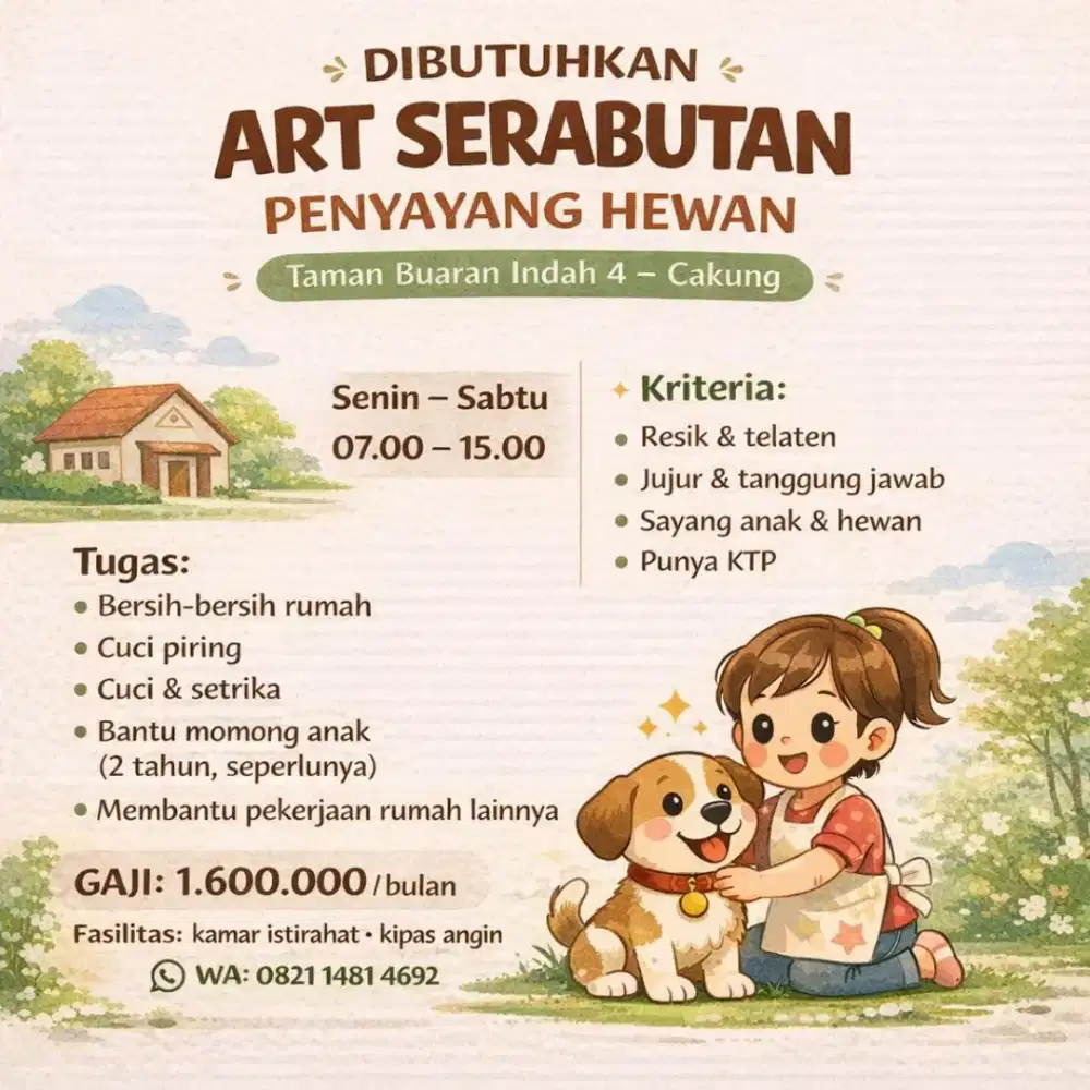 ART BABYSITTER PP dicari yang TDK TAKUT ANJING