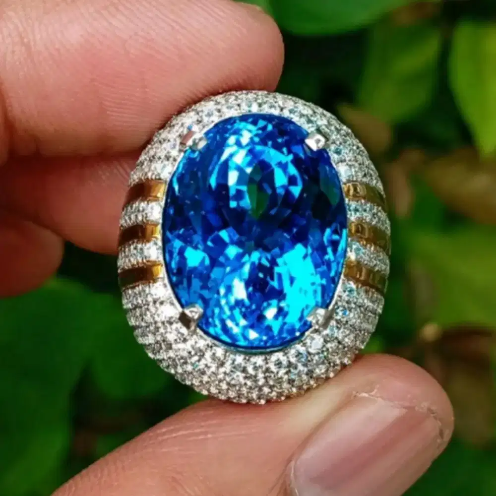 Blue topaz Natural 24.50 ct Blue Elektrik VVS Ring Perak Handmade