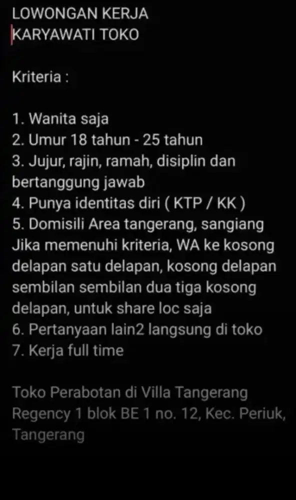 LOWONGAN KARYAWATI TOKO ( CEWEK )