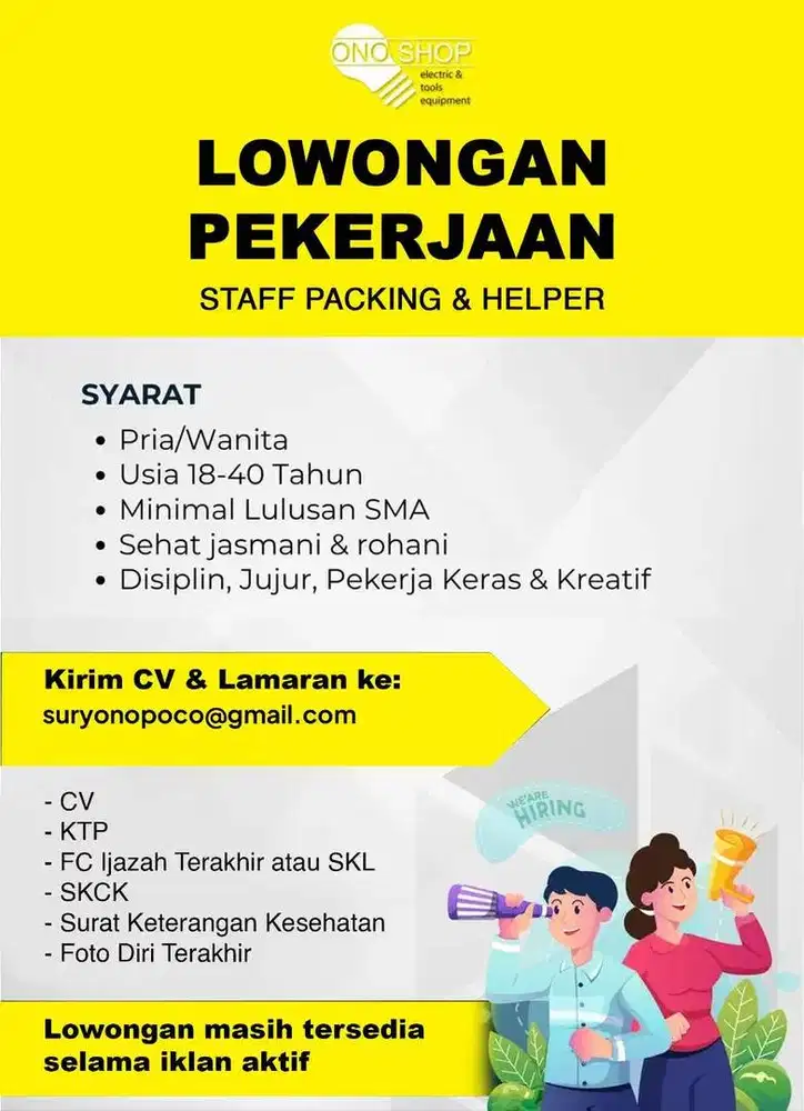 Lowongan Staf Packing & Helper Online Shop - Toko Alat Tehnik