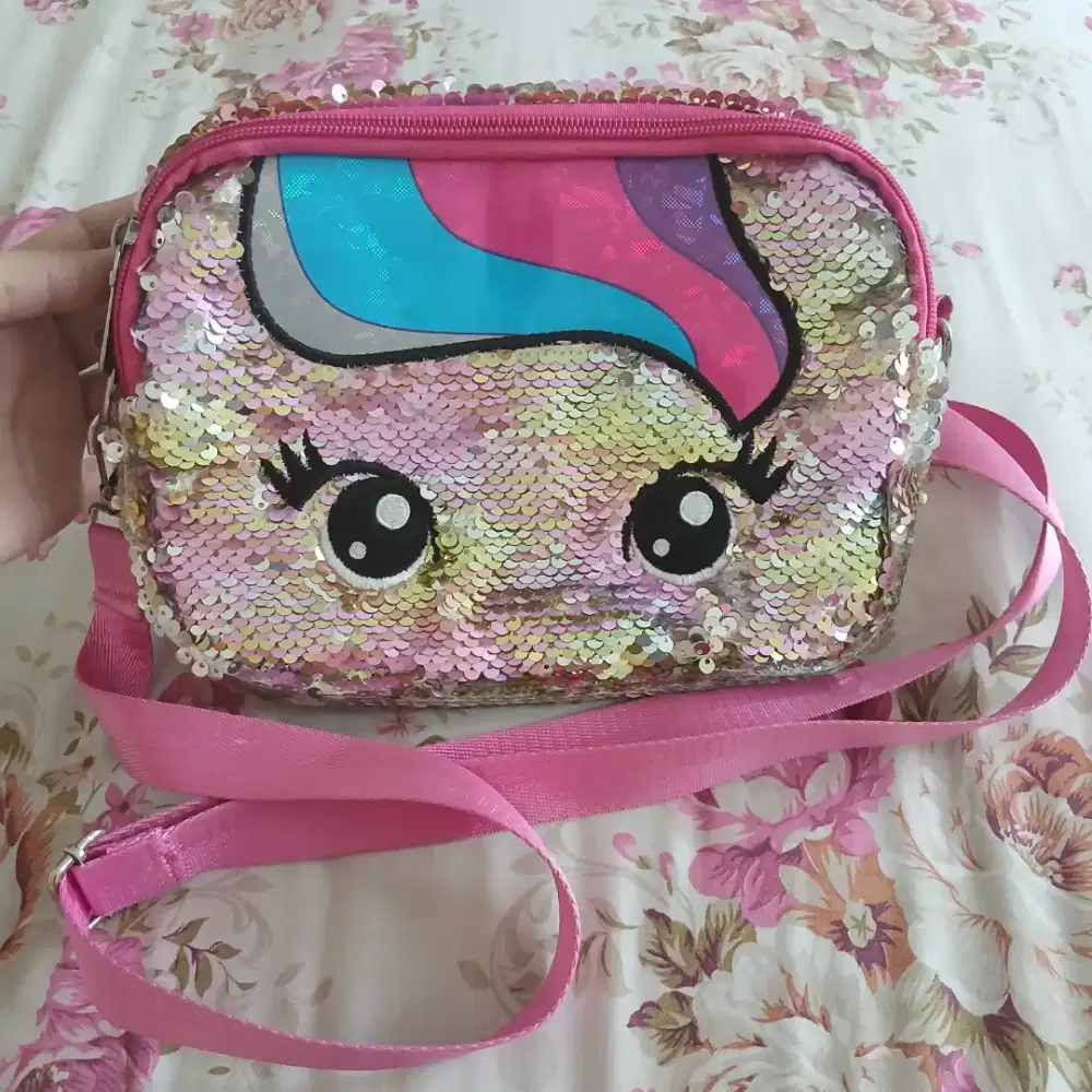 Tas unicorn sequin selempang anak perempuan, preloved