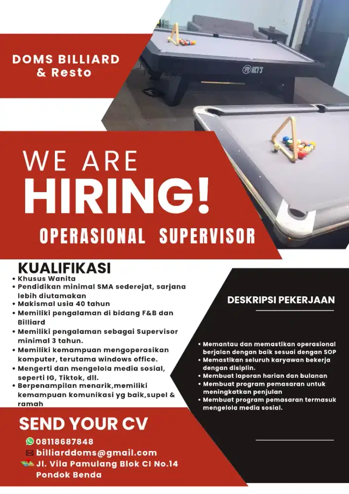 LOWONGAN KERJA SUPERVISOR, WAITERS & KITCHEN
