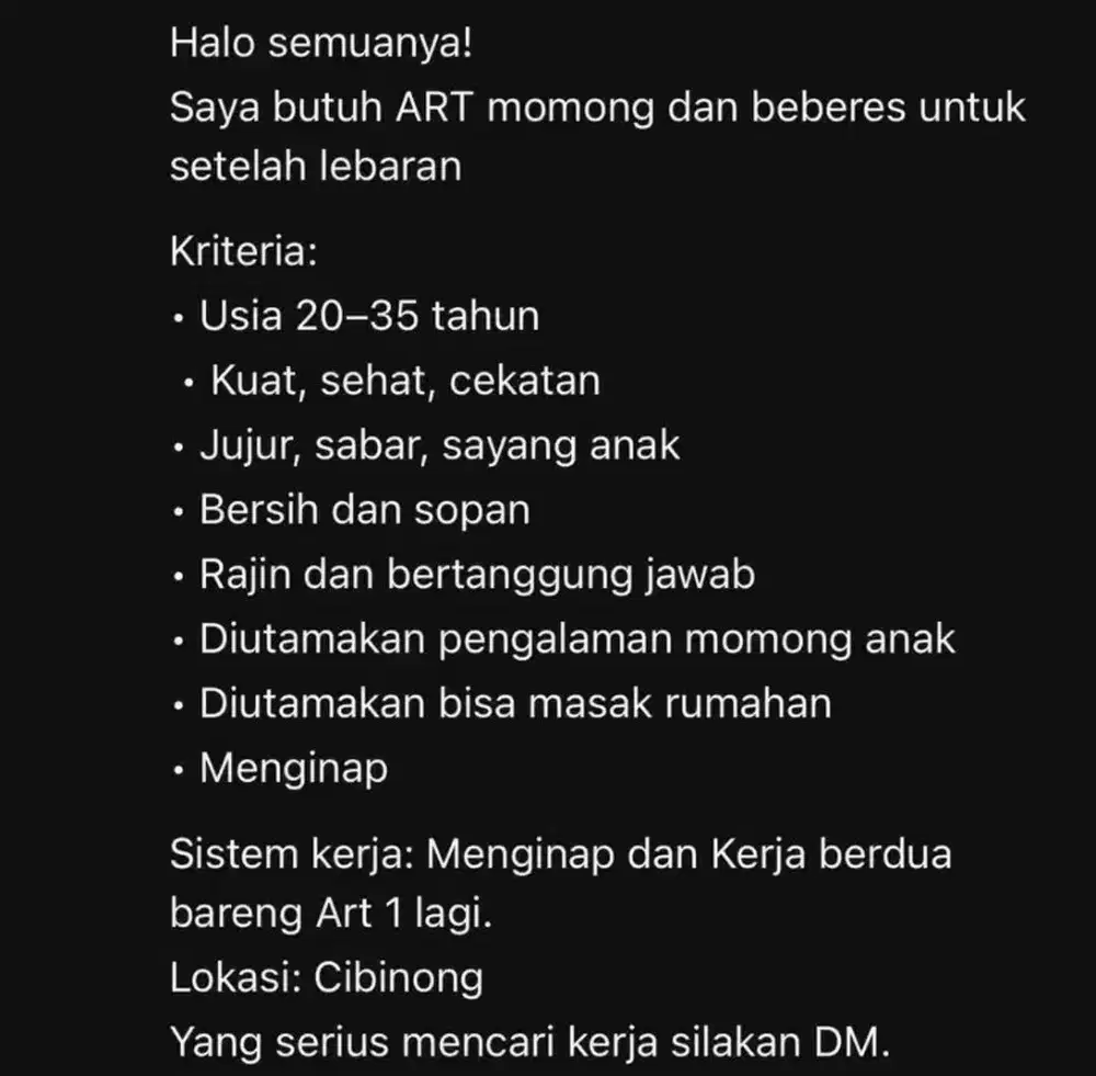 Dicari ART Momong dan Beberes