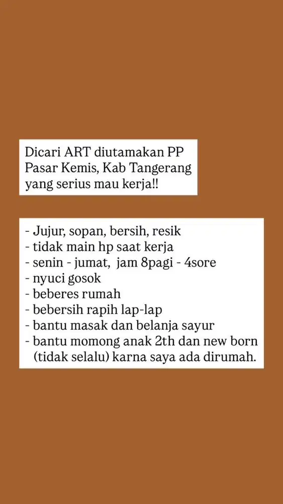 DICARI ART PP PASAR KEMIS TANGERANG