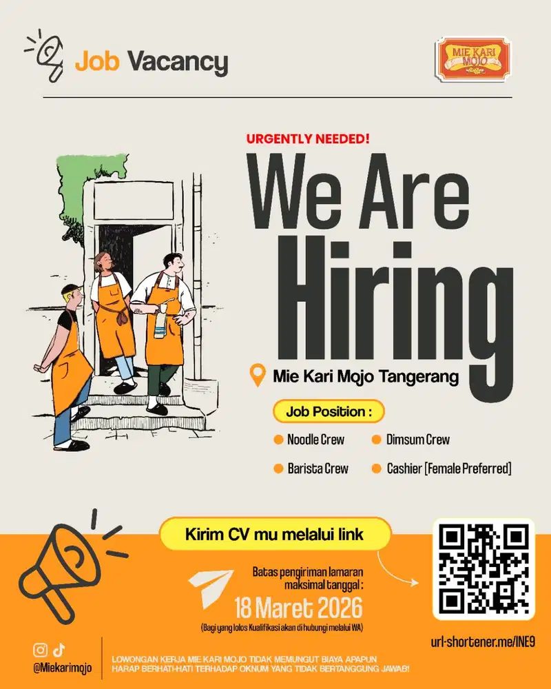 DIBUTUHKAN SEGERA! Loker Kitchen Crew - Mie Kari Mojo Karang Tengah