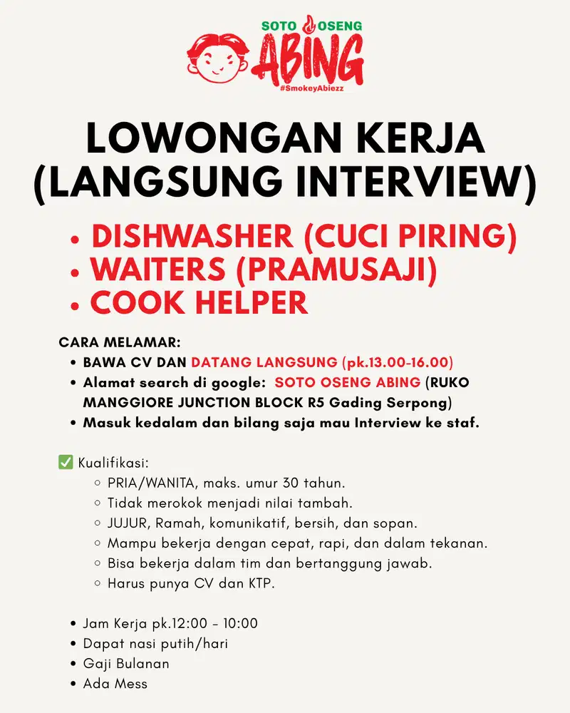 Dicari DISHWASHER, COOK HELPER, WAITES