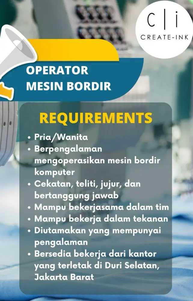 Lowongan Operator Mesin Bordir