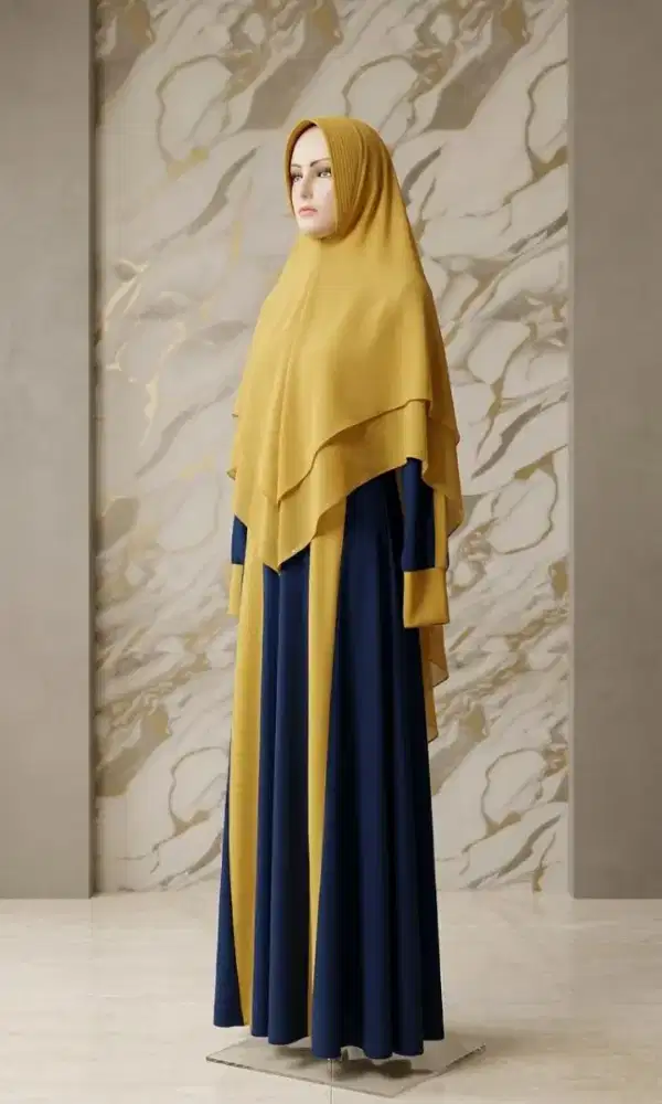 Judul: Gamis Kombinasi Warna Mustard dan Navy dengan Hijab Serasi