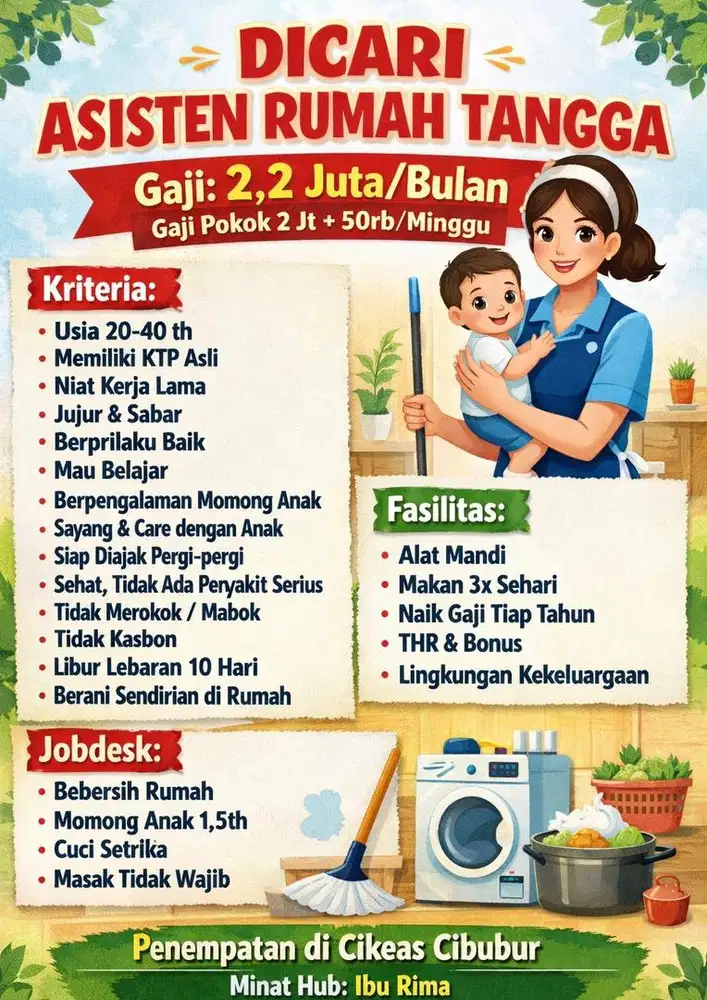 Dicari ART + Momong yg niat bekerja serius