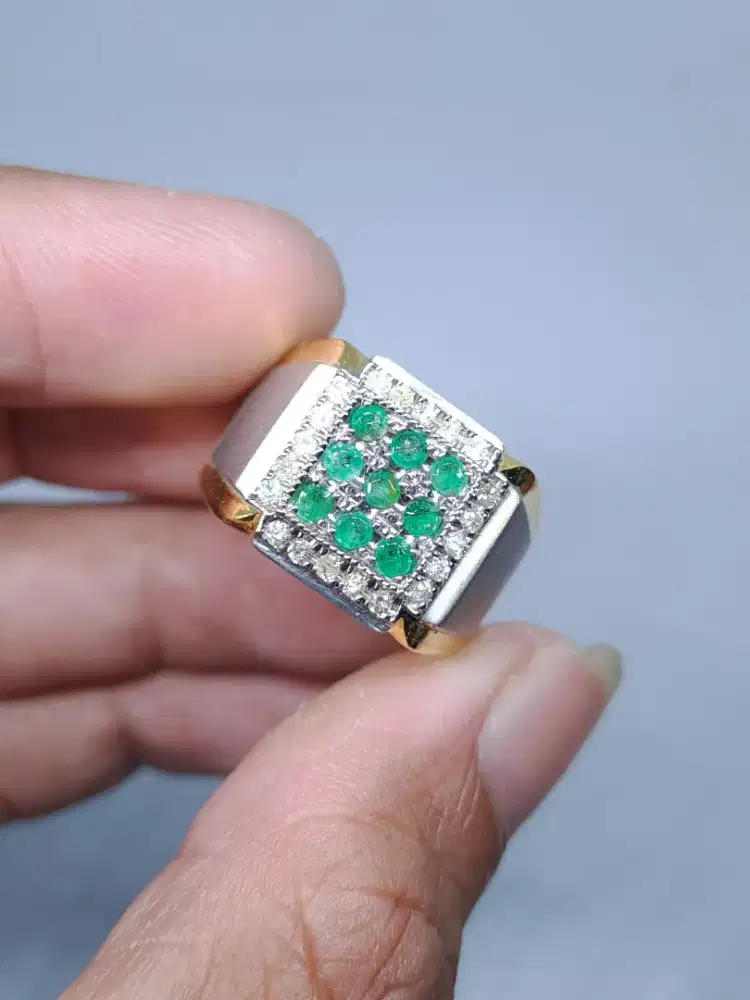 Cincin pria perak batu zamrud dan berlian asli