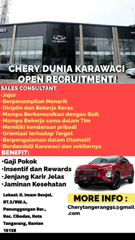Dibutuhkan Marketing executive untuk brand Mobil Chery