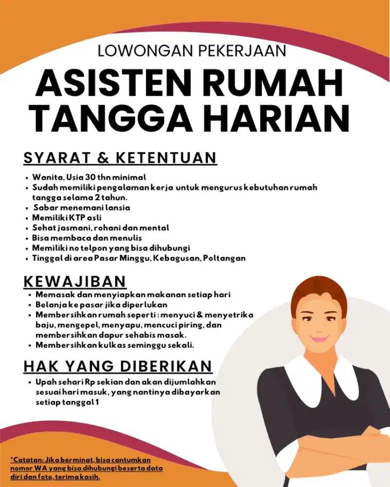 Dicari Asisten Rumah Tangga (ART) Berpengalaman Mengurus Lansia