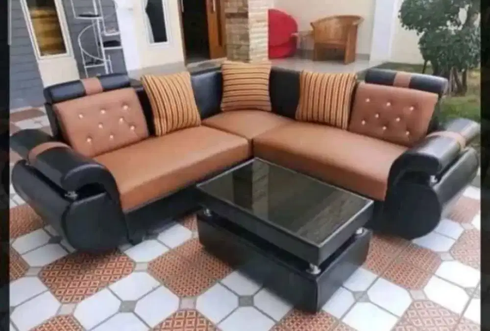 Sofa L cherry merk Merlion + meja full kulit