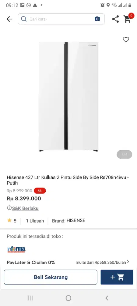 Ready kulkas hisense side by side