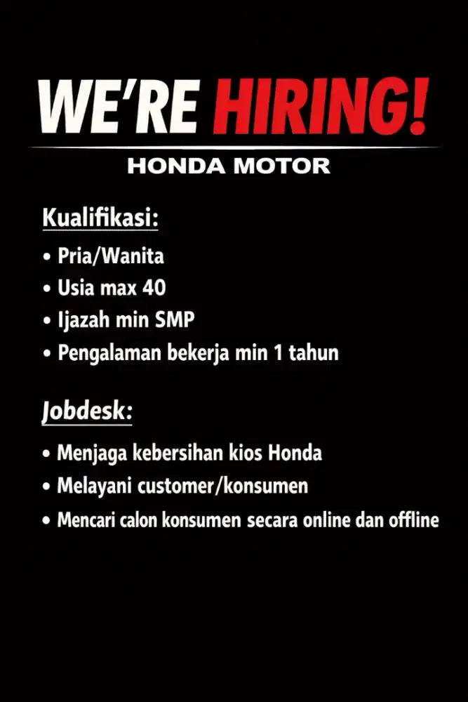 Lowongan kerja marketing honda (ada gapok)