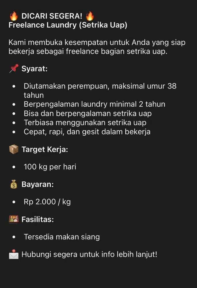 DICARI FREELANCE LOKER LAUNDRY SETRIKA UAP