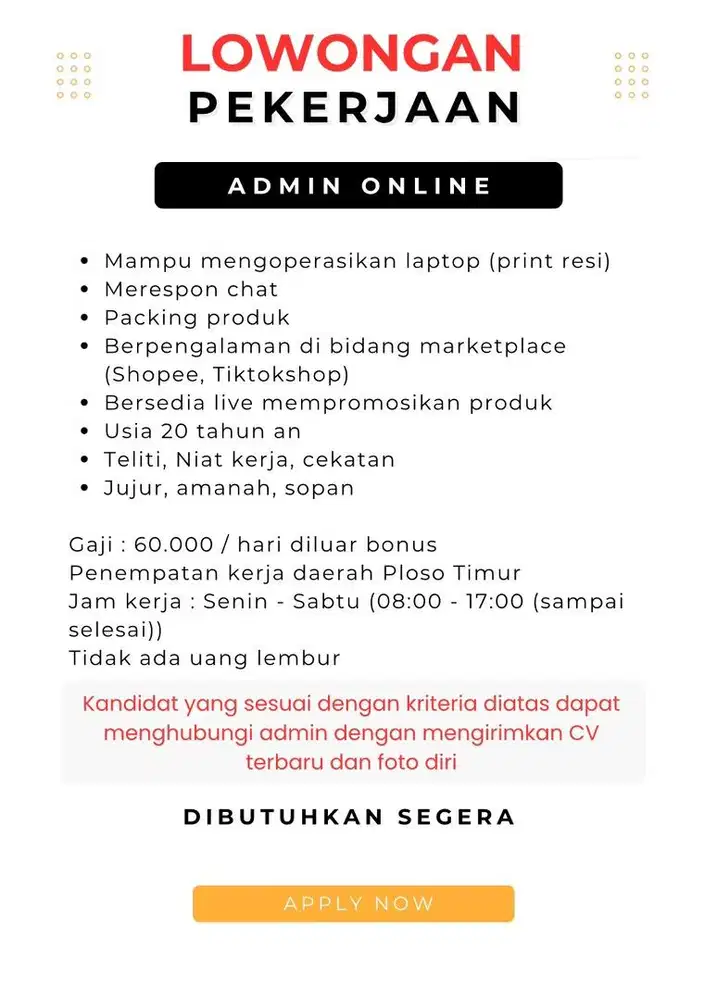 LOWONGAN KERJA BAGIAN ADMIN DIBUTUHKAN SEGERA