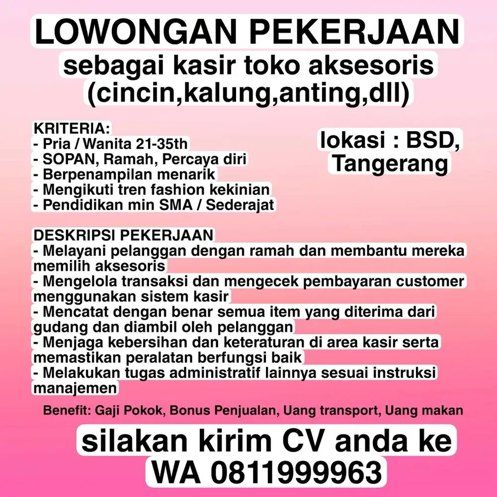 LOWONGAN PEKERJAAN SEBAGAI KASIR TOKO DI BSD