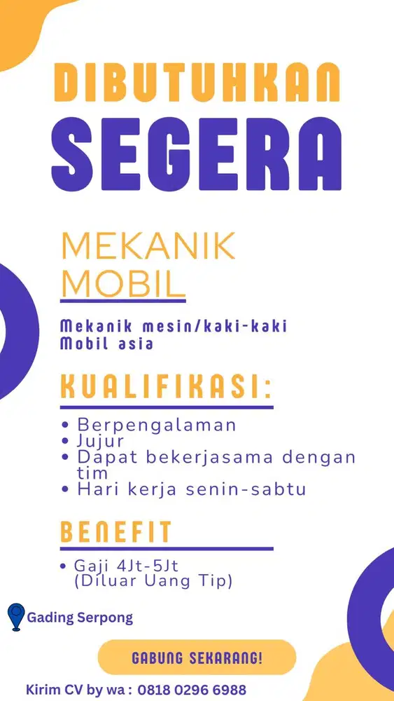 Dibutuhkan segera mekanik mobil asia pengalaman