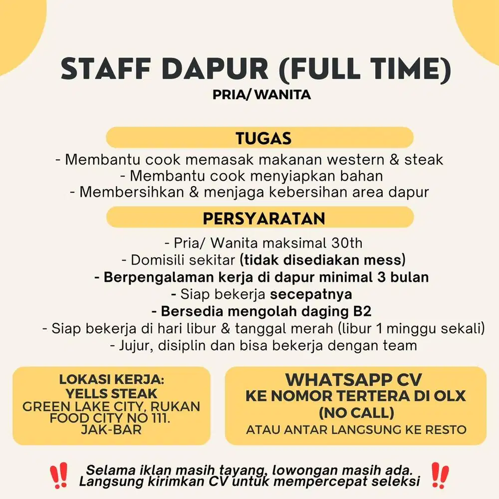 STAFF DAPUR FULL TIME (Full Time)