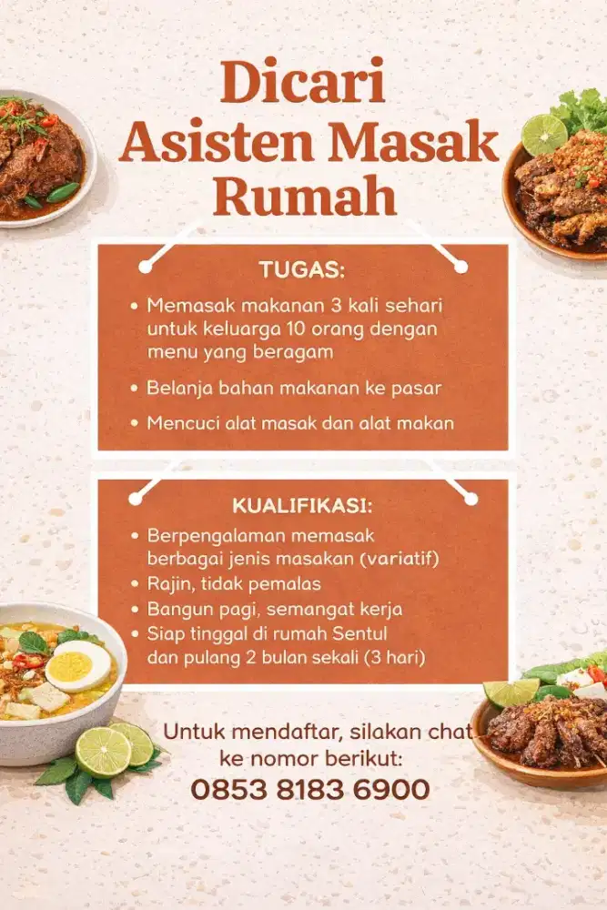 Dicari Asisten Masak Wanita Rumah Sentul