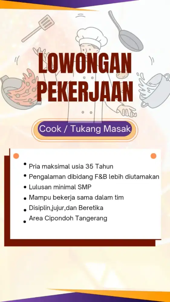 Di cari cepat Tukang Masak / Cook