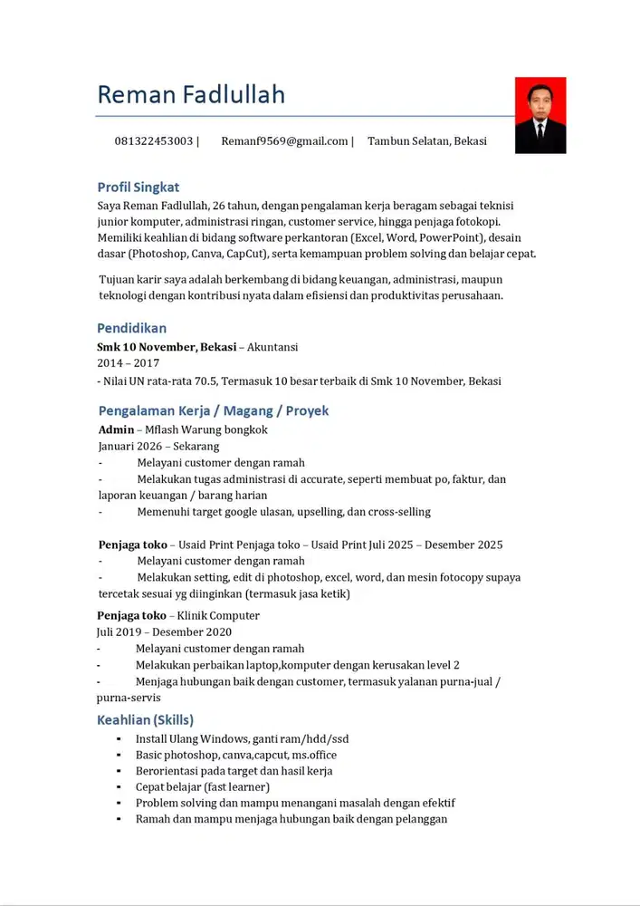 mencari pekerjaan admin, teknisi laptop komputer level 2, frontliner