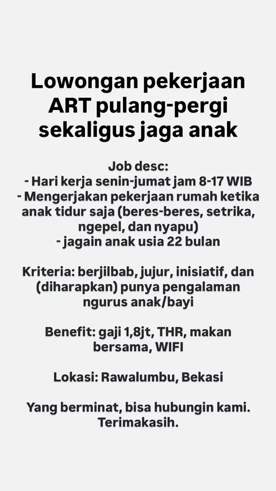 Loker ART pulang-pergi momong anak
