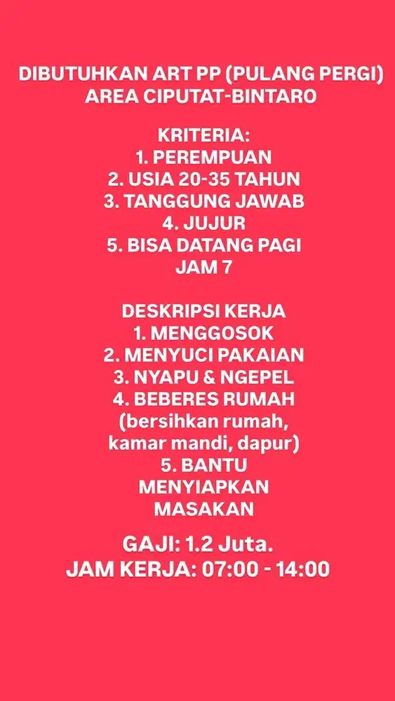 LOWONGAN KERJA ART HARIAN PP (PULANG PERGI)