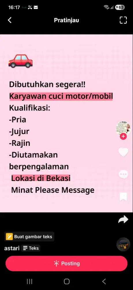 Karyawan cuci mobil/motor