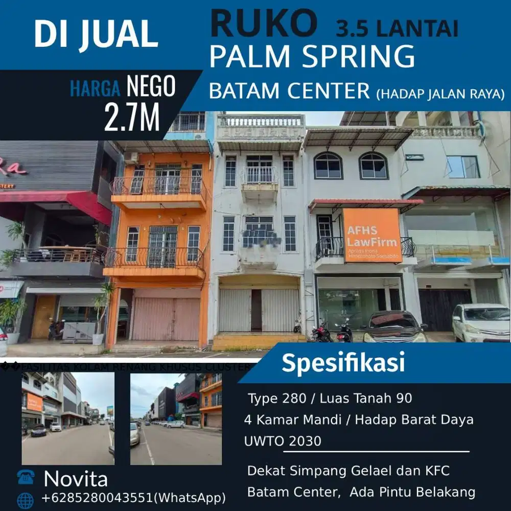Ruko 3,5 Lantai Siap Pakai & Hadap Jalan Raya PALM SPRING Batam Center