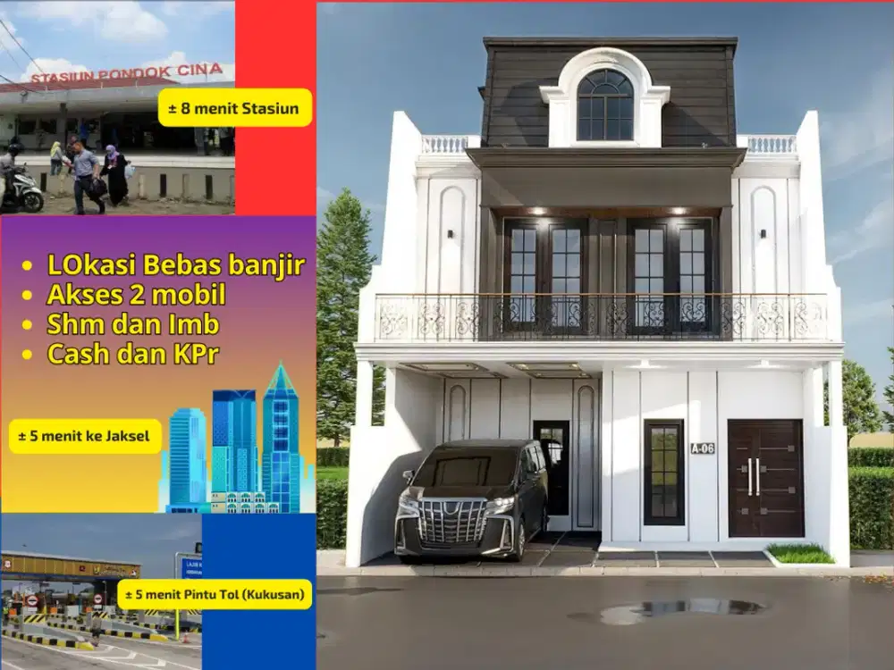 Rumah Cluster Strategis Pinggir Jalan Selangkah ke Toll Tanah Baru Depok (3 lantai)