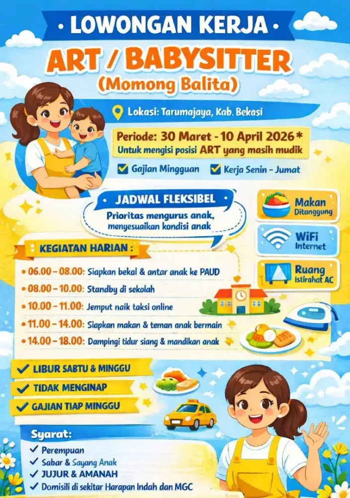 Dicari ART PP Momong Anak di sekitar Harapan Indah