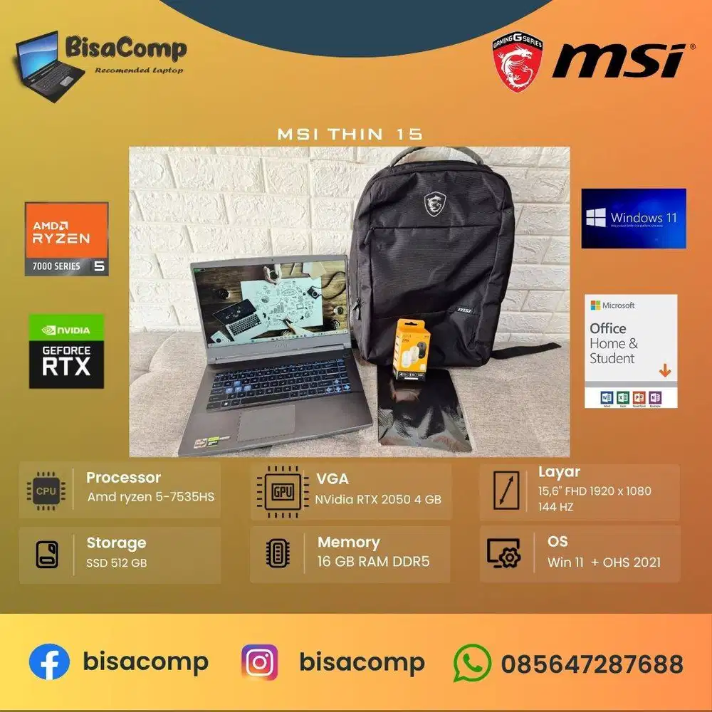 MSi Thin A15 AMD Ryzen 5-7535HS SSD 512gb Ram 16gb RTX 2060 6gb 15,6in