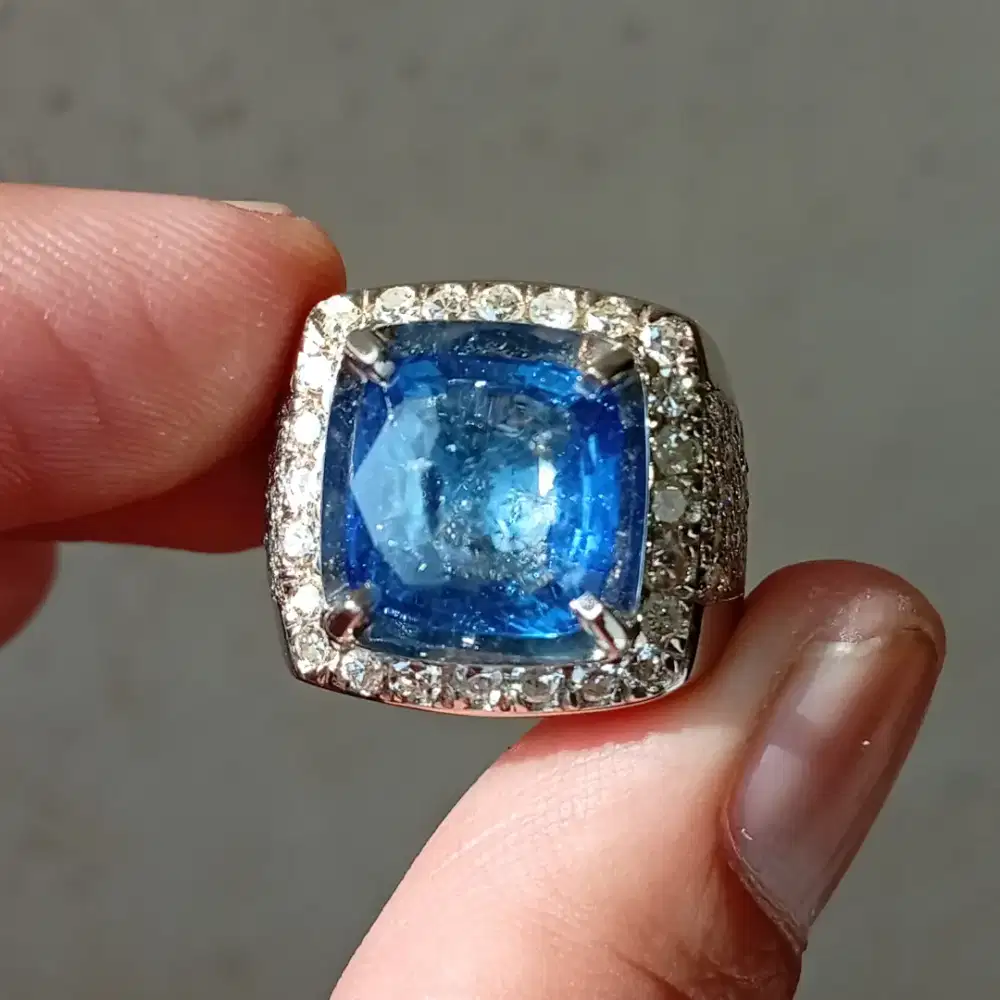 Blue sapphire Sri Lanka 8.09 ct GRI ring perak Paladium Mata Berlian
