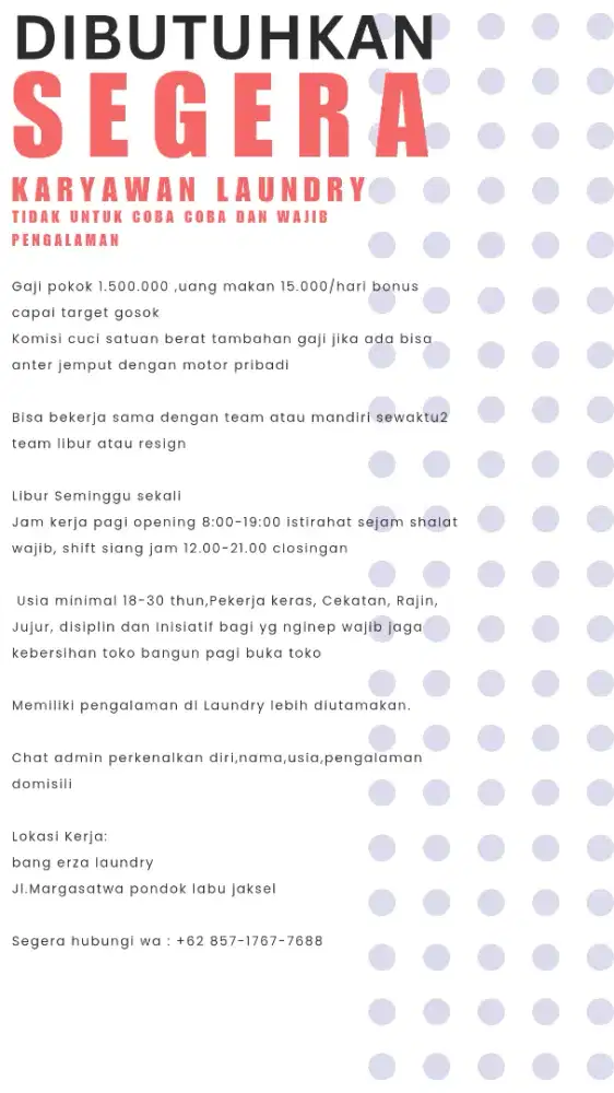 KARYAWAN LAUNDRY WAJIB PENGALAMAN