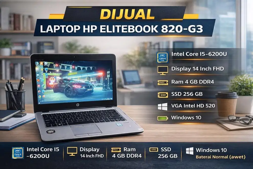 Laptop HP Elitebook 820-G3 Core I5 Gen 6th SSD 256 Ram 4  ddr4