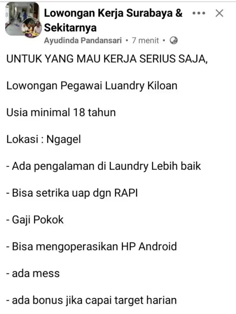 DIBUTUHKAN SEGERA PEGAWAI LAUNDRY