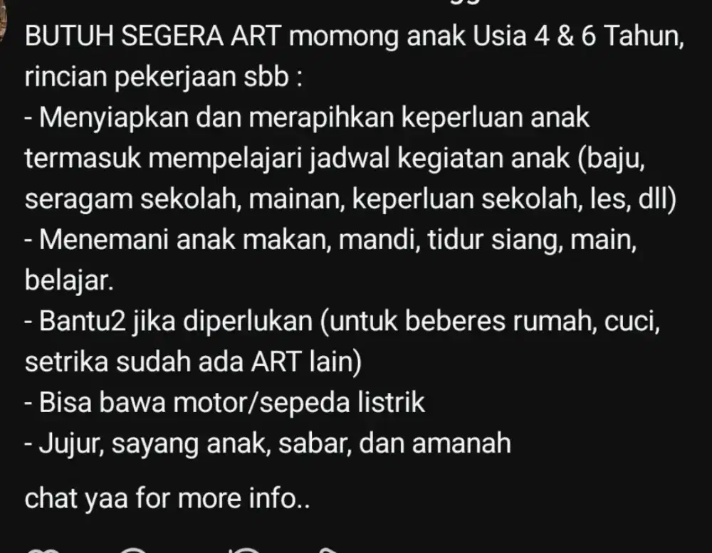 BUTUH Pengasuh Anak Segera