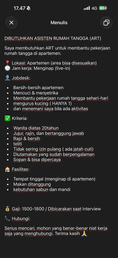 DICARI ART menginap dan berpengalaman