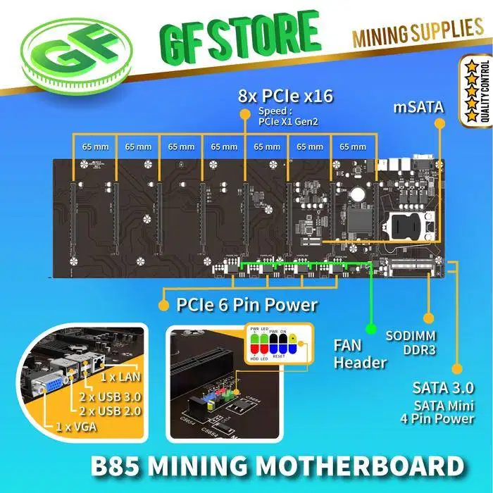 Mining Motherboard B85 With CPU - Riserless 8 GPU Mining - 4GB