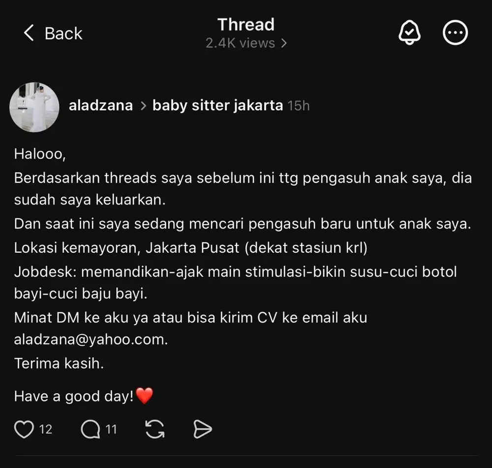 Dicari Nanny/Pengasuh Baby