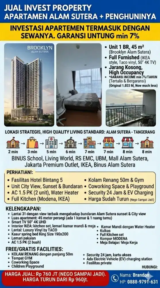Jual BU Invest Properti Apartemen Berikut Sewa Expat. Garansi Untung.