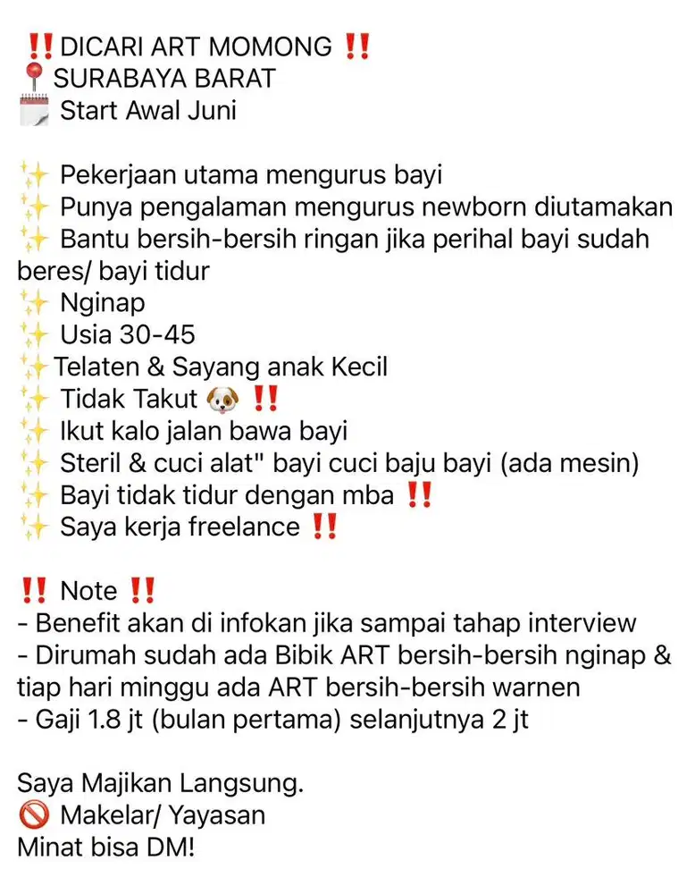 Dicari ART Momong Surabaya Barat