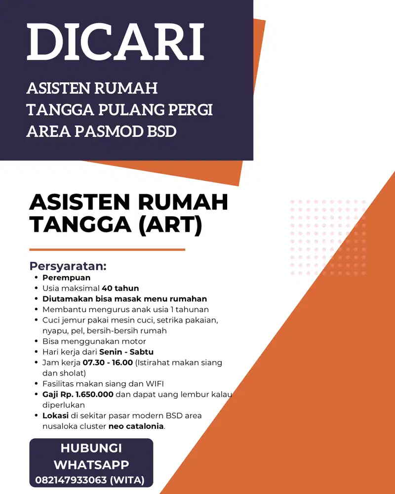DICARI ASISTEN RUMAH TANGGA PULANG PERGI AREA PASMOD BSD