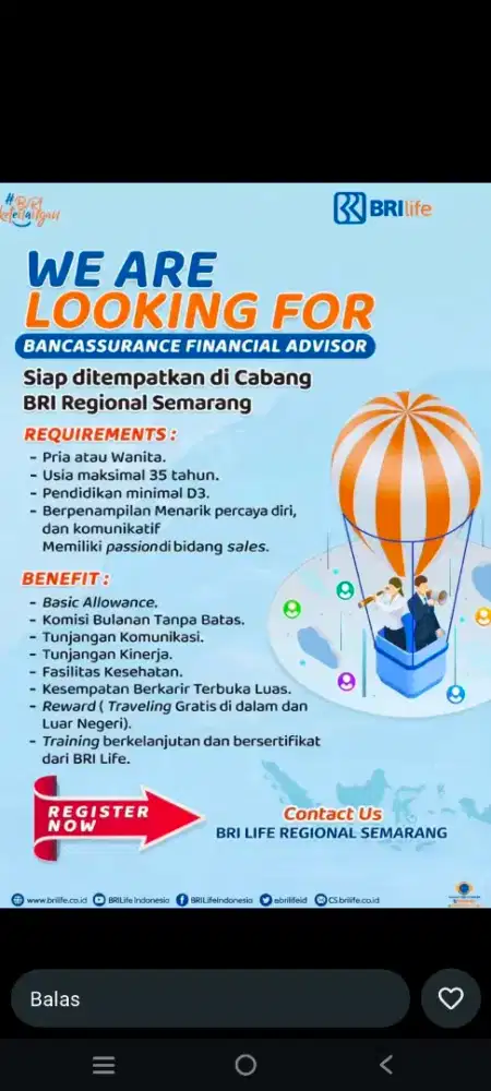 Lowongan Bancassurance Financial Advisor BRILife