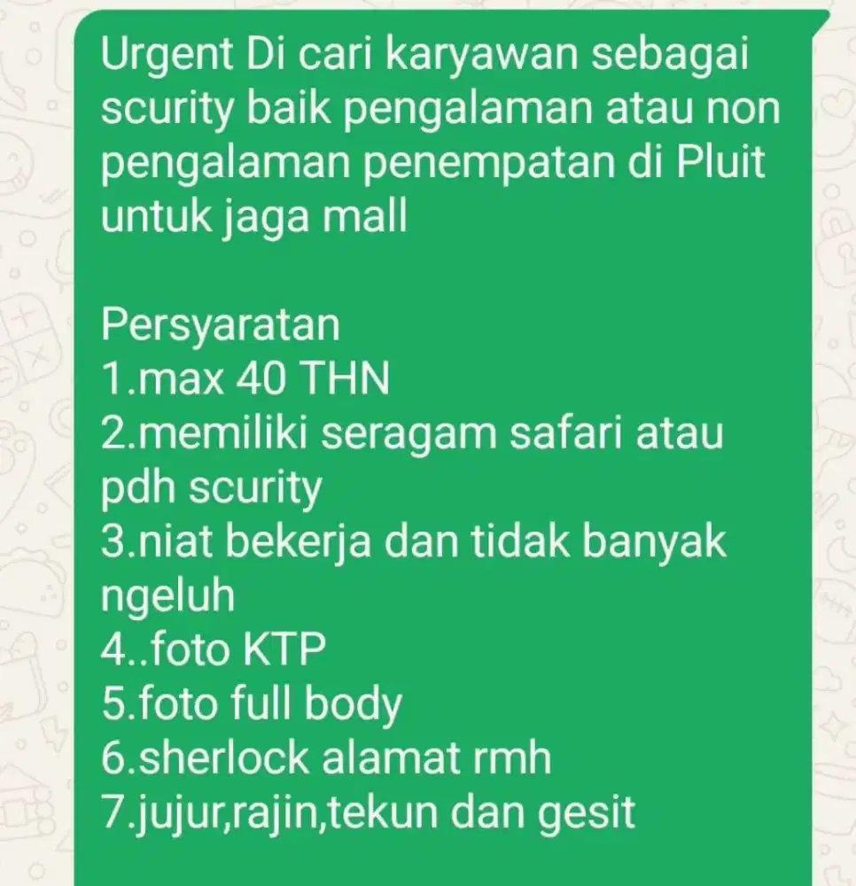 urgent dicari karyawan sebagai scurity penempatan pluit
