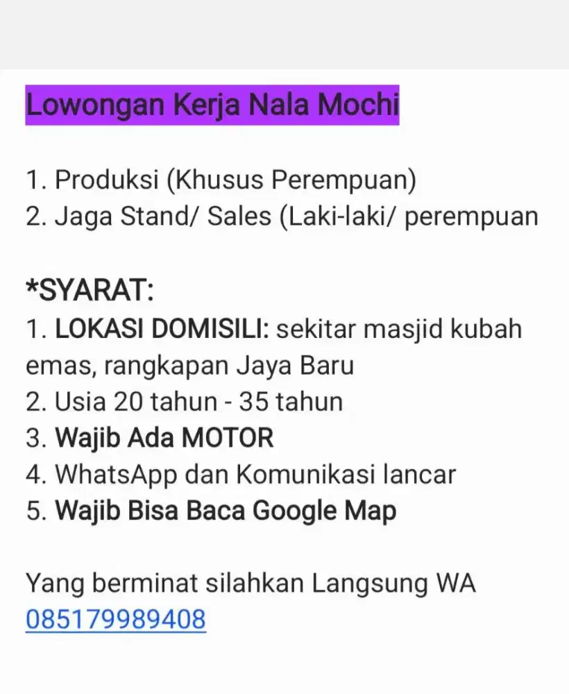 Lowongan Kerja Nala Mochi Produksi dan Jaga Stand