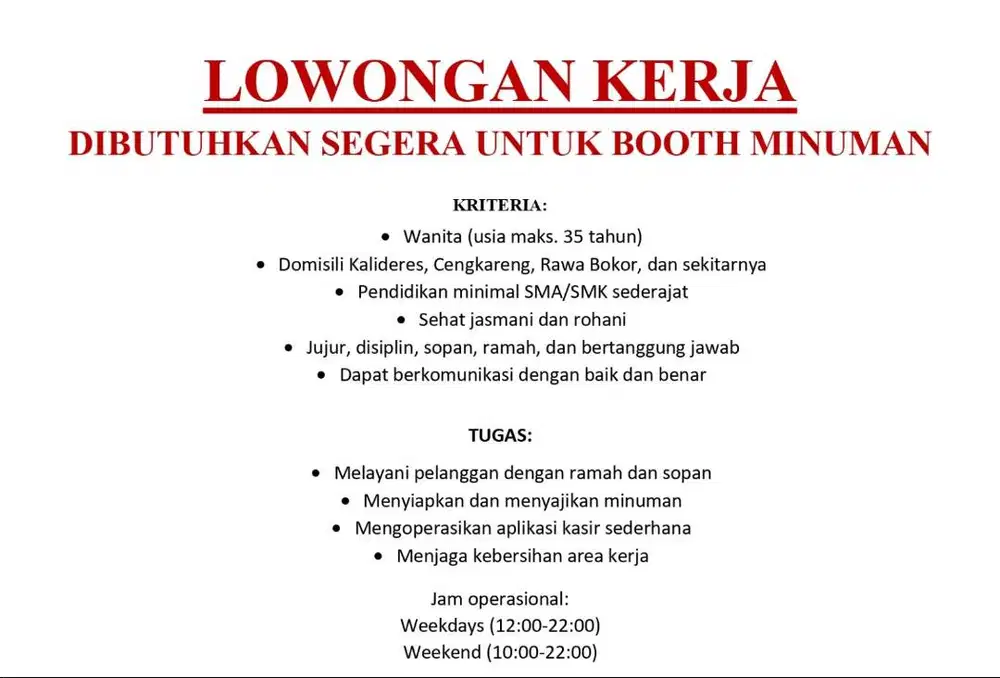 LOWONGAN KERJA JAGA STAND MINUMAN