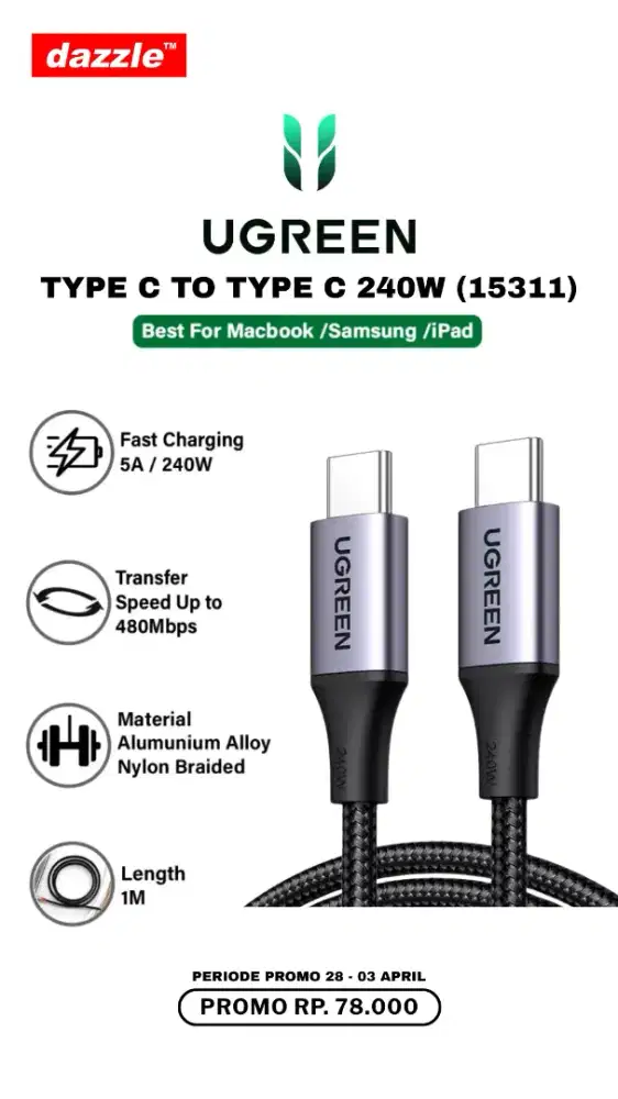 UGREEN TYPE C TO TYPE C CABLE 240W (15311)